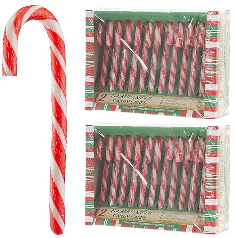 Zuckerstangen 24tlg essbar | rot/weiß gestreift je 10g Zucker | Pfefferminzgeschmack Candy Cane verpackt | Spazierstock Weihnachtsdeko (24)