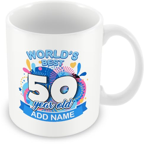 50th Birthday Gifts – World's Best 50 Year Old Mug for Men & Women | Personalised 50 year old birthday mug in blue for men and women — add any name for a keepsake