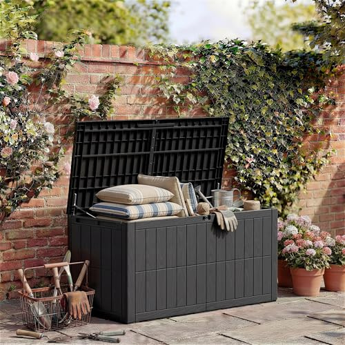 Amopatio 454L Large Garden Storage Box - Wood Effect Outdoor Deck Box & Storage Chest - Heavy Duty Weatherproof Plastic with Lockable Lid & Carry Handles - For Patio Cushions, Tools & Toys, Black