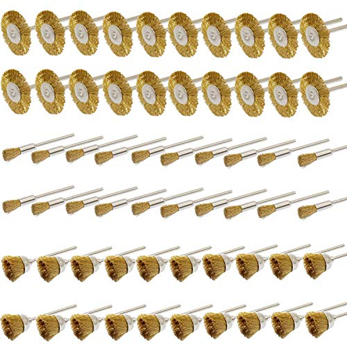 PHYHOO 3mm Brass Wire Brushes Cup Wheels Cleaning Brush Kit Polishing Attachment for Dremel Die Grinder Rotary Tools 60 Pcs