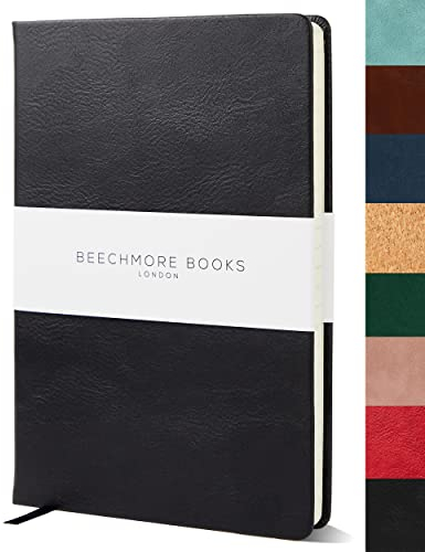 Beechmore Books Notizbuch liniert - A5, Schwarz I Premium Hardcover Journal Buch aus veganem Leder, 120gsm creme Papier, inkl Geschenkbox, für Schriftsteller, Journalisten, Meetings & Studenten