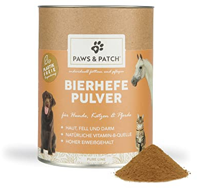 Paws&Patch reines BIERHEFE Pulver für Hunde, Katzen & Pferde 250g plastikfrei I Reich an Proteinen, B-Vitaminen I Barf- & Futterzusatz I Saccharomyces cerevisiae