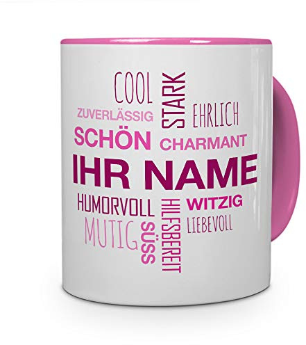 printplanet® Tasse mit Namen personalisiert - Motiv Positive Eigenschaften (Modern) Pink individuell gestalten - Farbvariante Rosa