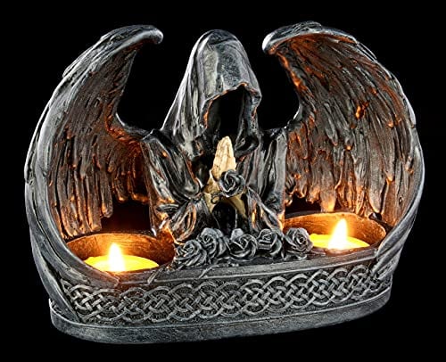Figuren Shop GmbH Gothic Teelichthalter für 2 Teelichte- Grim Reaper | Gruseliger Kerzenhalter mit geflügeltem Sensenmann, Fantasy Dekoartikel, handbemalt