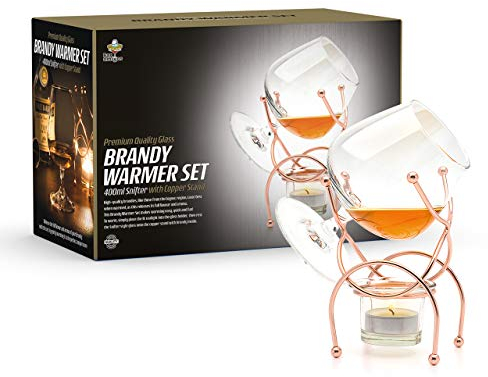 Bar Amigos Brandy & Cognac Snifter Warmer Glass and Stand Gift Set with Tea Light Candle & Copper Holder - Premium Drinking Set (Copper)