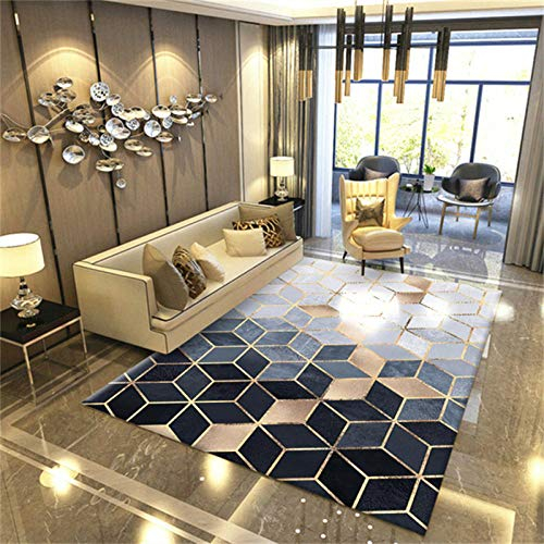 Outdoor-QJ Designer Geometrie Teppich rutschfest Waschbar RautenföRmiges Schwarz-Blaues Gold Nordic Wohnzimmer Schlafzimmer Zimmer Teppich Sofa Tisch Kind Krabbeln Matte 160 * 230CM