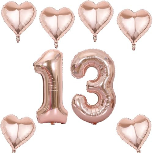 Roségold Zahlen Luftballon 13 +6 pcs herz Heliumballon 13. Geburtstag Deko für Mädchen,40 Roségold Riesen Folienballon 13 für 13 Jahre Geburtstag deko, Helium Zahlenballon 13