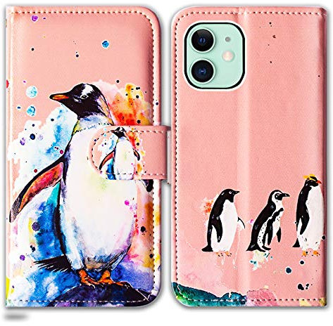 BCov iPhone 12 Case, Penguin Drawing Leather Flip Phone Case Wallet Cover with Card Slot Holder Kickstand
