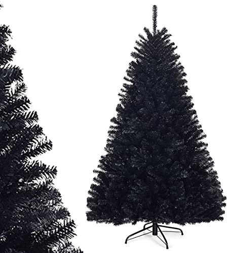 COSTWAY Sapin de Noël Noir 225cm, Sapin de Noël Artificiel d'halloween, avec 1258 Branches Aiguilles en PVC, avec Support en Métal Pliable, pour Décoration de Fêtes (225CM)
