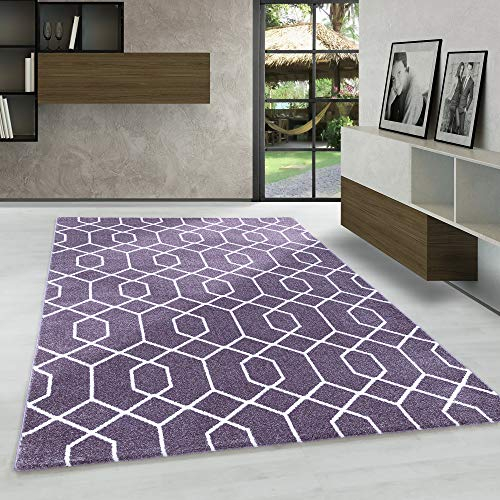 Modern Designer Kurzflor Teppich, Skandinavisch Rauten Design, Läufer Teppich, Violett - Weiß Farbe, Pflegeleicht, Wohnzimmerteppich, Größe:80 x 150 cm