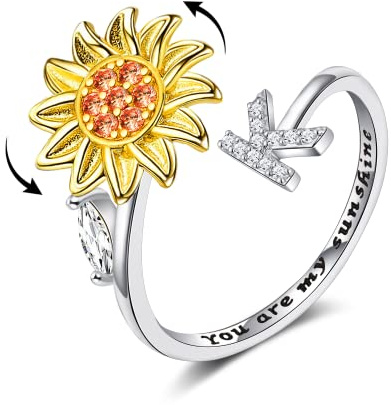 Fidget Rings for Women Silver Adjustable Sunflower Anxiety Initial Ring