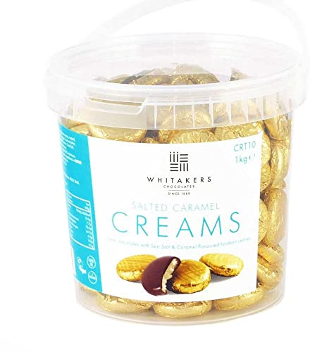 Whitakers Dark Chocolate Creams - Gold Foiled Fondant Cremes Plastic Tub (Salted Caramel, 1kg) | Features 1kg with smooth chocolate pieces with a rich cocoa shell and flavoured centre.