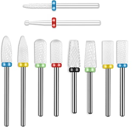 Depvko 10 Stück Keramik-Nagelbohrer-Set, 3/32 Zoll Professionelle Bohrer für Nägel, Nagelhautentferner Nagelfräser Bits für Acryl Elektrische Maniküre Pediküre Nagelfeilenmaschine