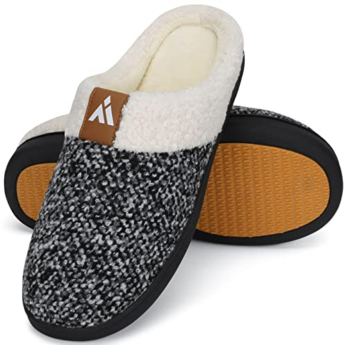 Mishansha Memory Foam Hausschuhe Herren Damen Winter Warm Pantoffeln Leicht Rutschfeste Harte Sohle Slippers mit Plüsch, Grau Weiß, 43 EU