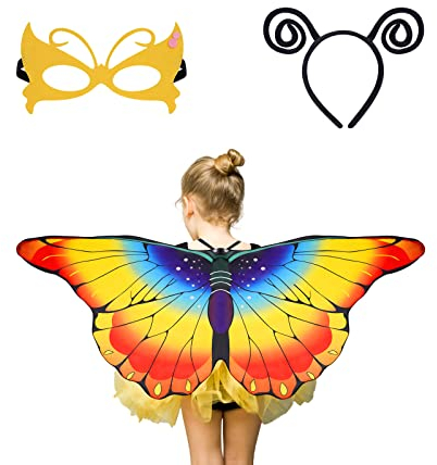 Aomig Ailes Papillon Deguisement Enfants, 3Pcs Kit de Déguisement de Fée Papillon, Déguisement de Papillon Déguisé avec Châle à Ailes, Bandeau, Masque pour Les Yeux, Halloween Noël Carnaval Cosplay