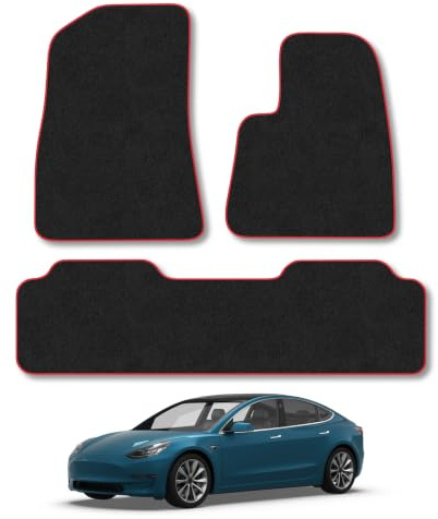 Tesla Model 3 (2019+) Carpet Car Mats | Red Edge Trim Tailored Fit Floor Mats Full Coverage Protection Accessories Easy Clean Anti Slip Made in the UK