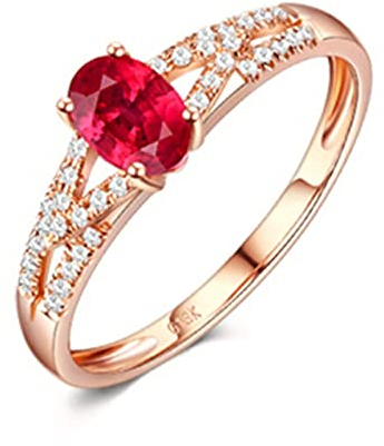 Stfery Verlobungsring Rubin, Diamond Ring 18 Karat Roségold Hohles Oval Ringe 0,6ct Eheringe Schmuck Geschenke für Frauen