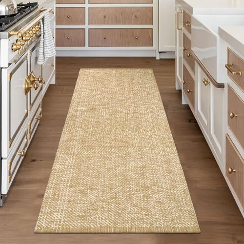 LEEVAN Waschbarer Läuferteppich, 60x152 cm, Baumwolle, gewebt, Eingangsbereich, hellbraun, wendbar, moderner Boho-Badezimmerteppich, langlebig, Kinderzimmerteppich, langer Teppich für Foyer