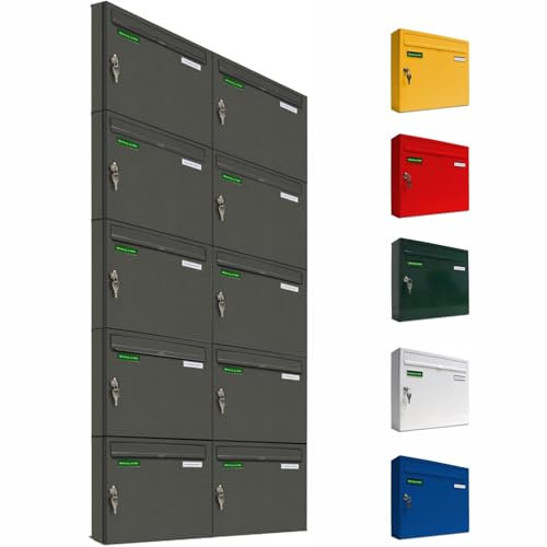 AL Briefkastensysteme Basic 10er Briefkasten DB 703 Eisenglimmer Grau 10 Fach DIN A4 wetterfest Briefkastenanlage mit Posthaltebügel und 2 Namensschildern