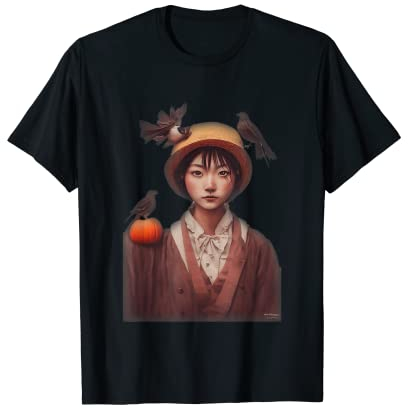 Portrait d'une fille japonaise avec oiseaux épouvantail chapeau de paille T-Shirt