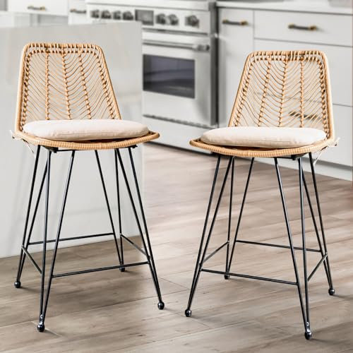 IDZO Barhocker aus Rattan, 180 kg Kapazität, 91,5 cm Höhe, Outdoor-Thekenhocker, 2er-Set, mit Komfortkissen, solidem Stahlrahmen und langlebiger Stromversorgung, einfache Montage