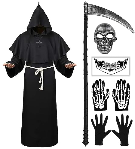 Mönch Robe Kostüm, Hallowee Mönch Priester Gewand Kostüm mit Kapuze Mittelalterliche Kapuze Herren Mönchskutte mit Kreuz-Halskette, Gürtel, Sense, Totenkopf Tattoos und Skull Masker, schwarz, Gr. M