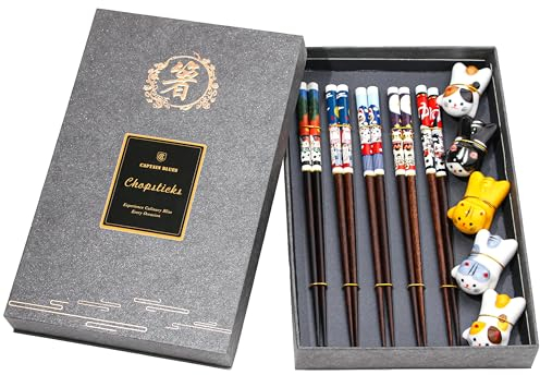 Captain Blues 5 Paar Essstäbchen aus Eisenholz - Wiederverwendbare Chinesische & Japanische Essstäbchen mit 5 eleganten Katzen-Keramik Stäbchen Halter und Sushi-Stäbchen Chopsticks in Geschenkbox
