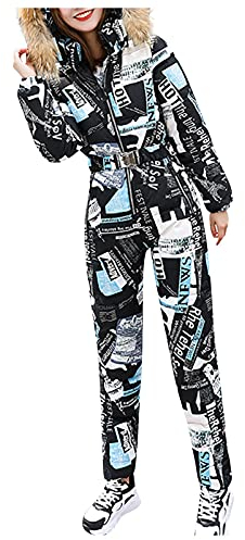 Winddichter Anzug Horn Schnalle Winter Reißverschluss Farbblock Blumendruck Pelzkragen 2023 Warme Snowboard Onesies Skifahren Jacke Wasserdicht Ski Overall Grafik Athletic Overalls Outdoor, Schwarz ,