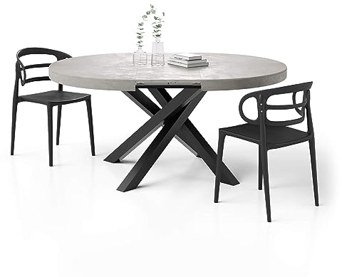 MOBILI FIVER, Mesa Redonda Extensible Emma 120-160 cm en Gris Cemento con Patas Cruzadas Negras, para 4-6 Personas, Mesa Extensible de Comedor, Mesa Cocina, Salon, Made In Italy
