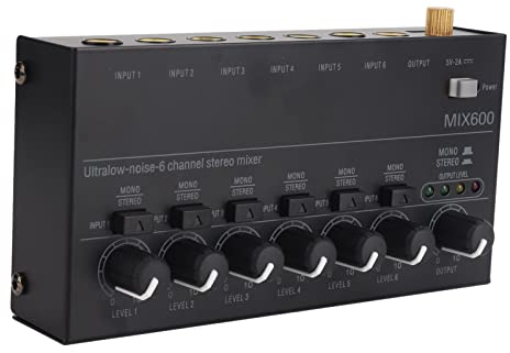 Fockety Mini Mezclador de Audio, Mezclador de Línea de 6 Canales de Bajo Ruido, Salida y Entrada 1/4in 1/8in TRS Mezclador de Sonido, Mezclador Estéreo para Guitarras, Bajos,