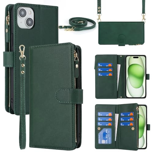 Cavor Compatible with iPhone 15 Plus Case With Card Holder With Strap,Flip Leather Crossbody Wallet Case,[9 Card Holders][Magnetic][Lanyard],Cover Phone Case for women - Dark Green