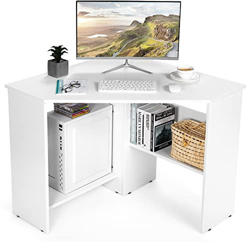 CASART Corner Computer Desk, Wooden Writing Desk with Storage Shelves & Cable Holes, Space-saving Home Office Computer Workstation for Small Space in Bedroom Study Living Room (White)