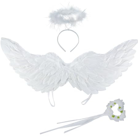60CM Ailes d'ange Blanc, Kikuo Ailes et Auréole d'ange avec Serre Tete Ange, Déguisement Ange Blanc, Ange Costume d'ailes pour Halloween Carnaval Mascarade Cosplay