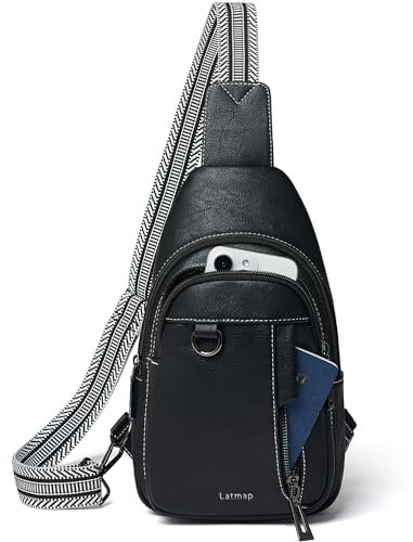 LATMAP 7L Sling Bag Damen,Brusttasche Damen Kleine Crossbody Bag PU Leder Tasche Umhängetasche Diebstahlsicher Schultertasche für Outdoor Sport,Schwarz