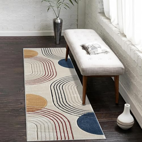 payé Teppich Läufer Kurzflor Beige Multi - 80x300cm - Boho Abstrakt Muster Modern Skandinavisch Wohnteppich Schlafzimmer