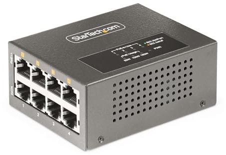 StarTech.com 4-Port Multi-Gigabit PoE++ Injector, 5/2.5G Ethernet (NBASE-T), PoE/PoE+/PoE++ (802.3af/802.3at/802.3bt), 160W Injektor, Wand-/DIN-Schienen Montage, PoE Adapter (AS445C-POE-INJECTOR)