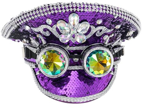 BLESSUME Pailletten Mütze Festival Hut Burning Man Sparkly Steampunk Hüte mit Brille Damen Militär Kapitän Kappe (Lila)
