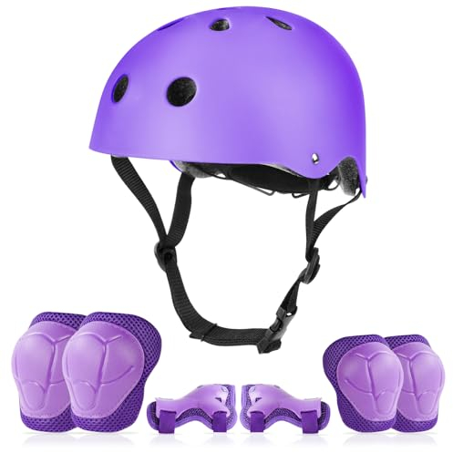 flintronic 7PCS Casco y Protecciones Ajustable Infantiles Set para Niños de 2 a 13 Años, Conjuntos de Patinajes Niños Protecciones, Set Rodilleras Casco, Coderas y Muñequeras - S Púrpura