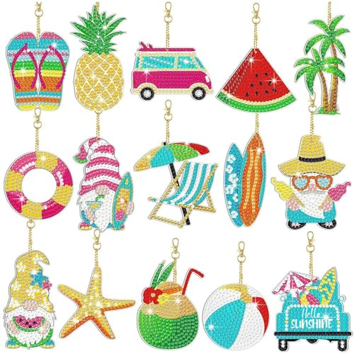 15 Pièces Double Face Diamant Peinture Portes-Clés pour Enfants Adultes Styles Hawaïens 5D DIY Peinture Diamant Mosaïque Diamond Painting Keychain Pendentif Ornements pour Bricolage Décoration Cadeau