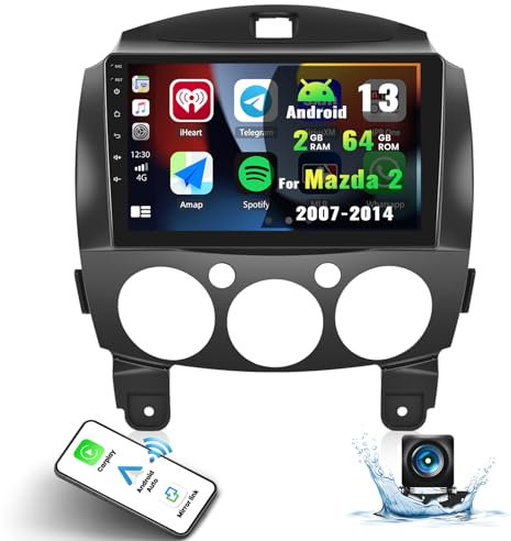 CAMECHO 2G+64G Android 13 Car Radio for Mazda 2 2007-2014 with Wireless Carplay Android Auto, 9 Inch Touch Screen Car Stereo with Bluetooth Sat Navi Mirrror Link RDS/FM HiFi SWC+Backup Camera