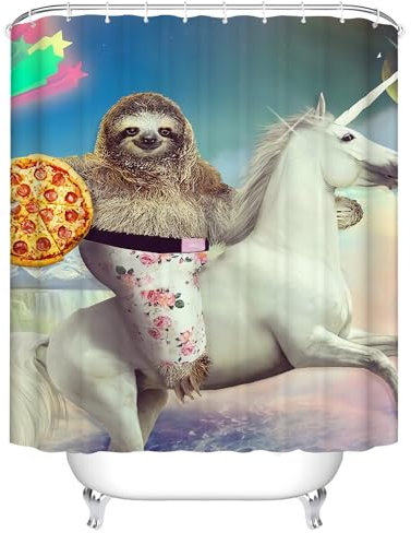 BOYOUTH Tenda da doccia con stampa digitale 3D divertente bradipo con motivo pizza per bagno, tenda da bagno in poliestere impermeabile con 6 ganci, 127 x 198 cm, multicolore