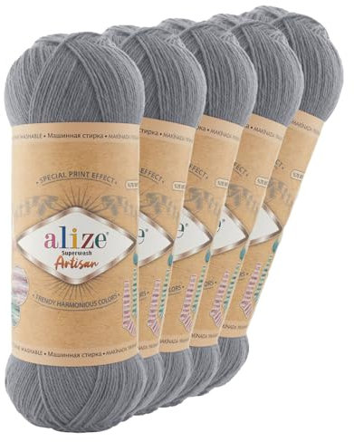 5 x 100g Sockenwolle Alize Superwash Artisan 75% Wolle Strickwolle Häkelgarn Farbwahl, Farbe:836 platingrau