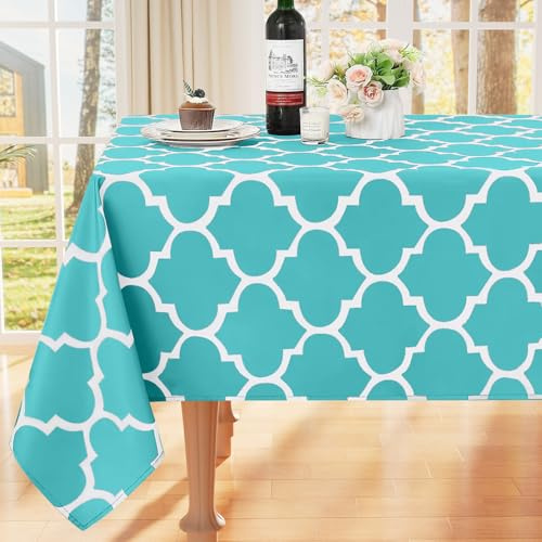 smiry Tischdecke Abwaschbar Rechteckig 140x180cm Tischtuch Polyester Wasserabweisend Lotuseffekt Marokkanisch Tischwäsche Schmutzabweisend Abwischbare Tafeldecke für Outdoor Party Küche,Türkis