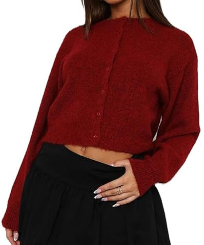 Womens Y2K Cardigan Sweaters Long Sleeve Open Front Button Down Crop Sweater Solid Knit Pullover Fall Outfits Tops (Wine Red, S)
