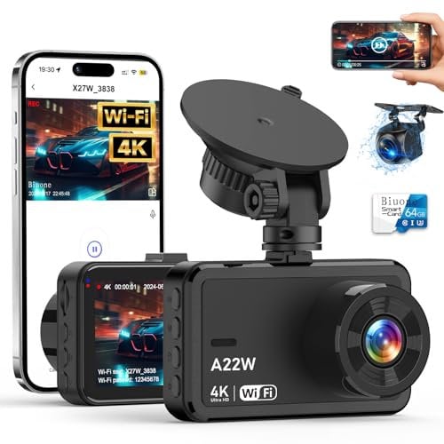 Dash Cam Front and Rear, 4K Dash Cam with 64GB Card, 5G WiFi Dual Car Camera for Cars, 3 IPS Dashcam with APP Control, USB Charger, 24H Parking Mode, G-Sensor, Night Vision, WDR, 170° Wide Angle