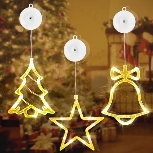 sylvwin LED Sterne Weihnachtsdeko Fenster 3 Stück,10 LED Weihnachtsdeko Innen mit Timer,Warmweiß Lichterkette Sterne für Fenster Deko Weihnachten Deko,Balkon,Party,Hochzeit(Weihnachtsbaum & Glocke)