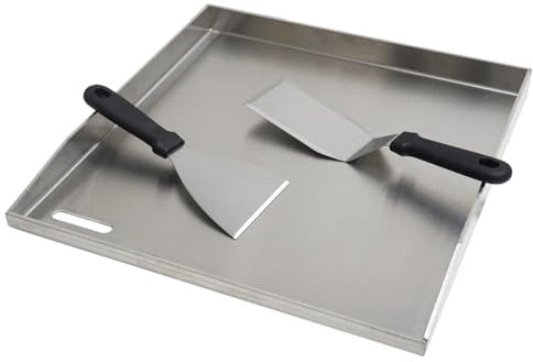 CAVATINY Edelstahl Grillplatte | 41,5x40x3,5 cm | Universal BBQ Plancha aus dickem 4mm & rostfreiem Edelstahl passend für Weber Gasgrill und Holzkohlegrill | Grillplatte mit Grill-Spachtel Schaber set