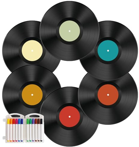 Leptetek 6 discos de vinilo decorativos de 12 pulgadas con cinta adhesiva de doble cara y etiqueta central de vinilo, decoración de disco vintage para decoración de pared, decoración de fiesta musical