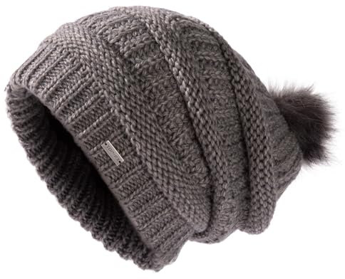 TOP-EX Strickmütze Damen 100% Wolle mit Satinfutter und Fellbommel - Winddicht & kuschelig für Ski & Wintersport - Grau