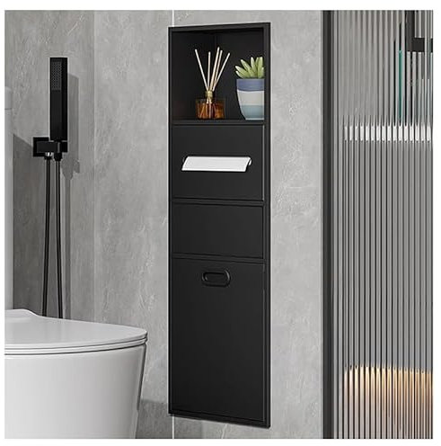 Organiseur de niche mural en acier inoxydable avec poubelle, étagères de salle de bain encastrées pour maison, hôtel et cuisine (noir, 30 x 86 x 14 cm)